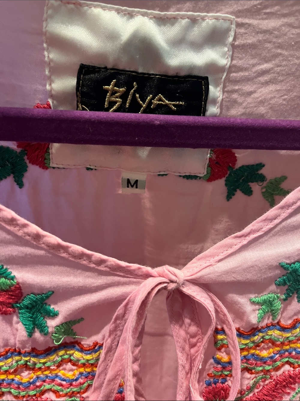 Johnny Was Pink Embroidered Boho Tie-Neck Blouse - Picture 2 of 7